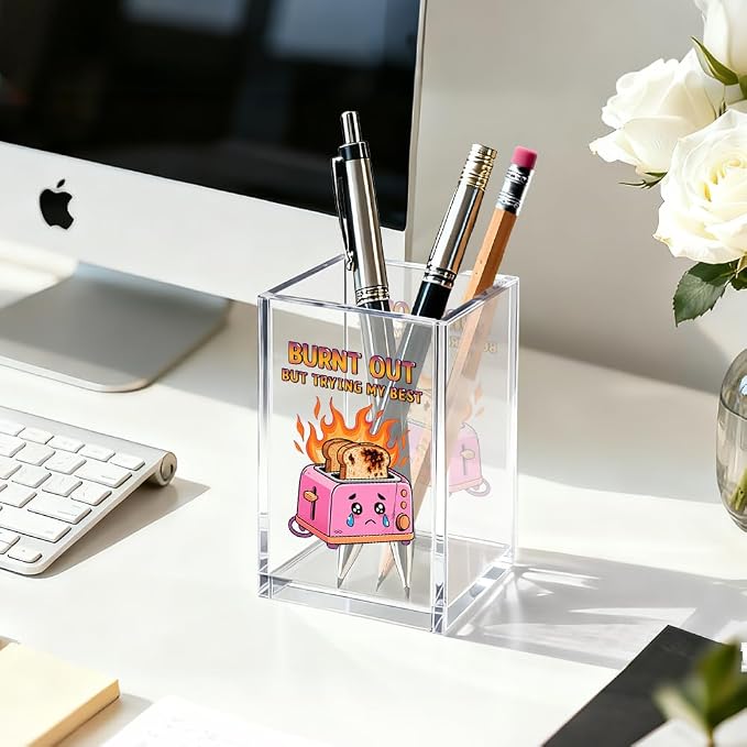 Burnt Out But Trying My Best Acrylic Pen Holder Cosmetic Organizer, Funny Dumpster Fire Pen Pencil Holders for Desk, Desk Accessories Office Gifts for Coworker Social Worker Teacher Therapist