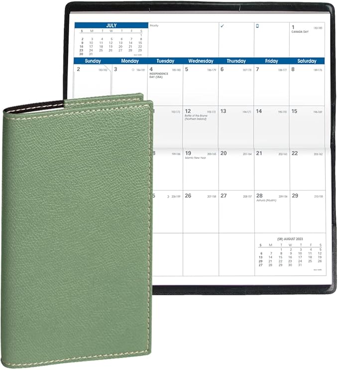 Quo Vadis 2024 Visoplan - Monthly Planner - 12 Months, Jan. to Dec. - 6 3/4 x 3 1/2" - Grained Faux Leather Club Sage - Pocket Calendar Organizer