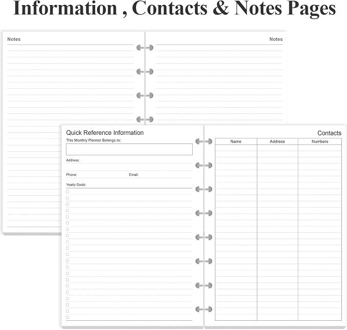 Junior Size Monthly Planner Refills - 53 Sheets/106 Pages Undated Colorful Monthly Planner, 8-Disc Discbound, 100 gsm White Paper, Lasts 2 Year, Undated, 5.8" x 8.3"