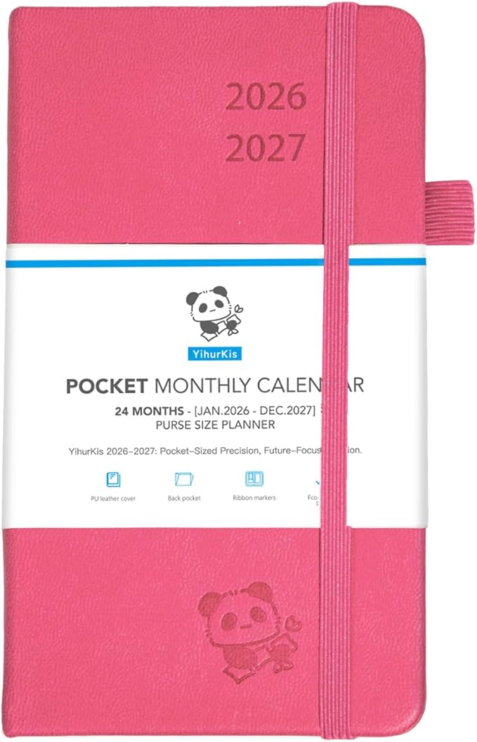 Pocket Monthly Planner 2026-2027 by YihurKis - 2 Year Pocket Monthly Calendar (Jan.2026 - Dec.2027), 4 Page Per Month with Expense Pages 3.5" x 6", Leather Hard Cover, 100GSM Thick Paper - Pink