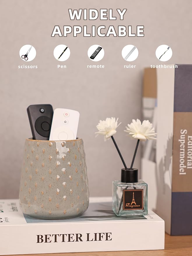 GDCZ Ceramic Remote Control Holder, Remote Caddy Organizer Storage, Remote Organizer for Table, TV Remote Holder, Makeup Brush Pen Holder, 4.2" (Grey)