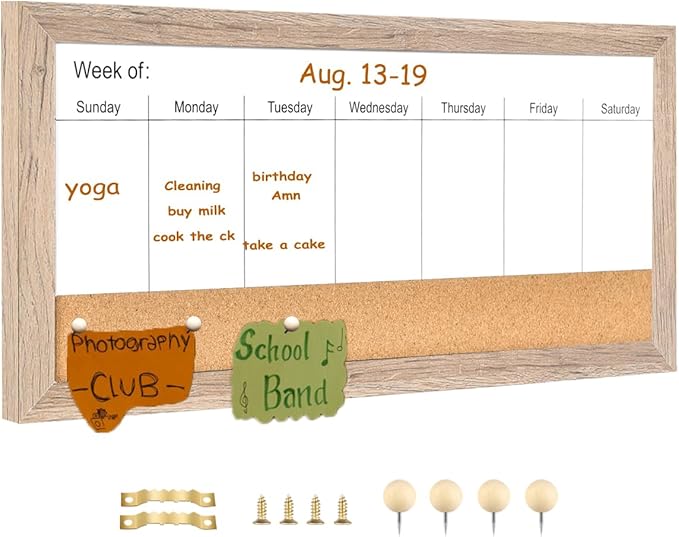 Magnetic Weekly Dry Erase White Board and Cork Board,Rustic Brown Wood Frame，Magnetic Surface Whiteboard for Home Office and Wall Decor(ZHZL-2040QZ)