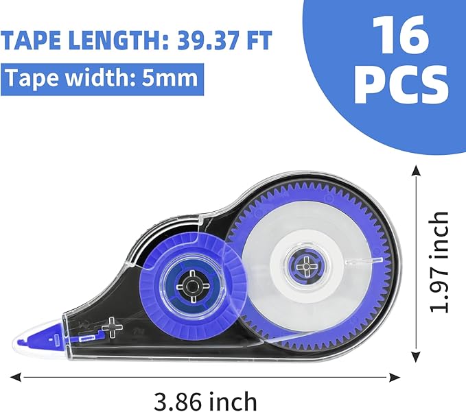 16 Pcs 39.4 Ft Colorful Correction Tape, Tear-Resistant White Correct Bulk, White Mistake Out for Instant Corrections, School, Office, Note Taking