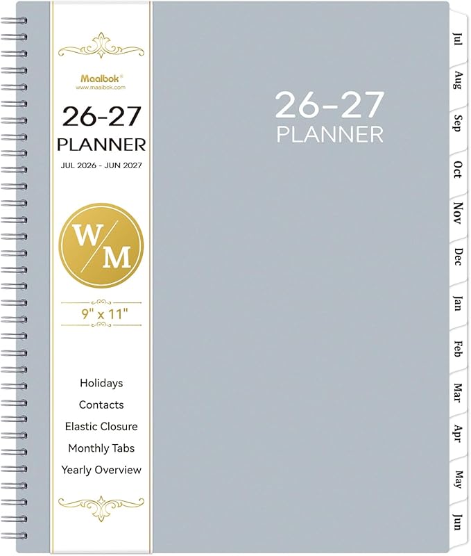 Planner 2026-2027- July 2026 - June 2027, Academic Planner 2026-2027, Tabs, Spiral Bound, 9" x 11", Grey