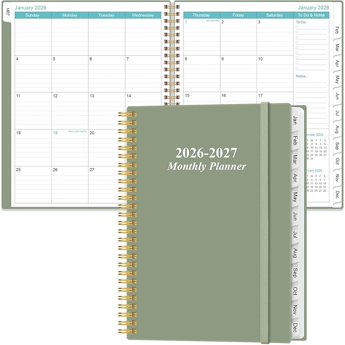 2026-2027 Monthly Planner - 18 Monthly Calendar, January 2026 - June 2027, Two Pages Per Month, 9" x11" Planner with Tabs, Strong Twin-Wire Binding, Inner Pocket, Green