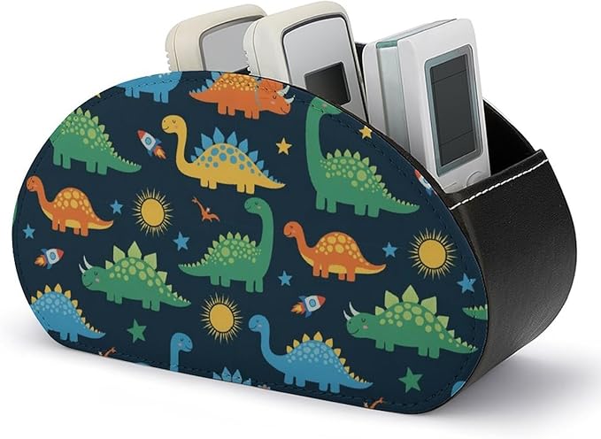 PU Leather Remote Control Holder with 5 Compartments, Desk Organizer for TV Remotes, Office Supplies, and Bedside Table Storage, Dinosaurs