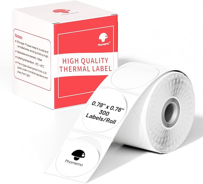 Phomemo Multi-Purpose Self-Adhesive Round Circle Label for Phomemo M110/M110S/M120/M200/M220 Label Maker, 0.78" x 0.78" (20x20 mm) Thermal Labels for Barcode, DIY Logo Design, Black on White