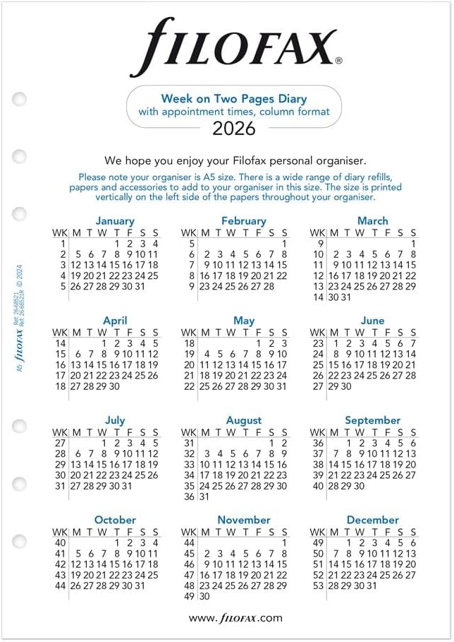 Filofax Calendar Diary Refill, A5 Size, Week-to-View with Appointments, White Paper, English, 2026 (C68521-26)