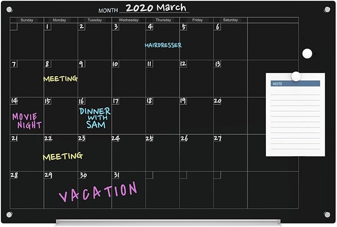 Audio-Visual Direct Magnetic Black Calendar Glass Dry-Erase Board Set - 3' x 2' - for Wall - Monthly Planner