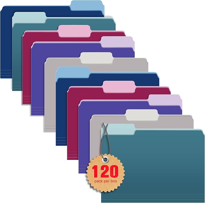 120 Pack Two Tone Color File Folders 8.5 x 11 Inch, 1/3 Cut Tab File Folder Letter Size, Assorted Colors, Teal Violet Gray Navy Burgundy Manila File Folder, School Business Office Folders for Document