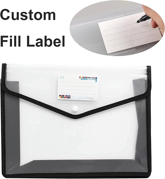 YoeeJob Plastic File Folders Legal Size Expandable Document Folder with Snap Button Closure, A4 Expanding File Wallet Envelopes Pouch with Label Pocket, 2 Packs, Black