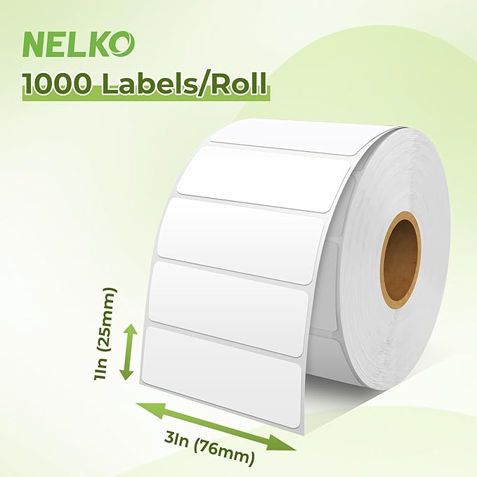 Nelko Genuine 3" x 1" Direct Thermal Label, Self-Adhesive Barcode Labels Compatible with Nelko PL70E Label Printers, No BPA & BPS, 1000 Labels (Commercial Grade)