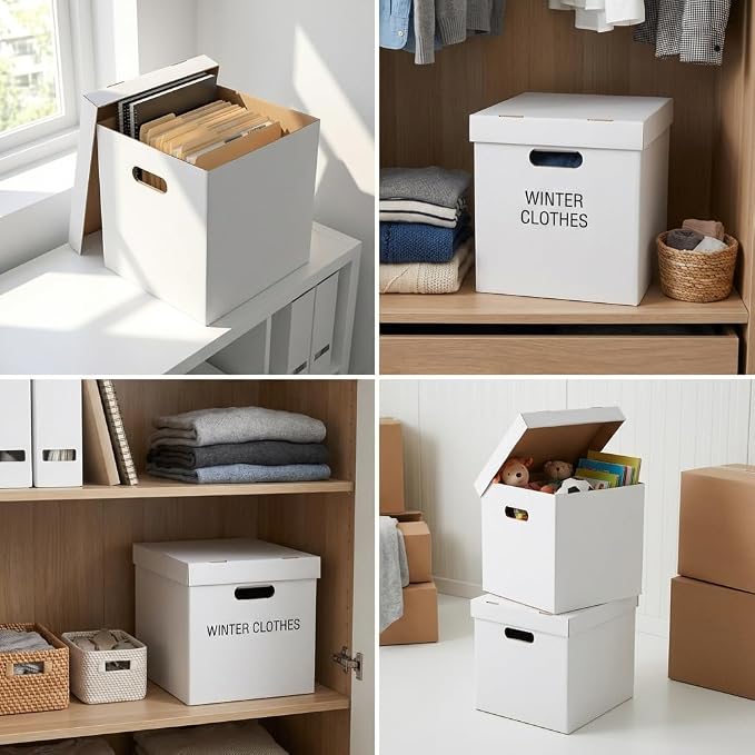 CRUGLA Vinyl Record Storage Boxes with Lids 7 Pack, 13 Inch Cube, Collapsible Corrugated Cardboard, Quick Fold Assembly with Pre-Applied Adhesive, Side Cut-Out Handles, Home Office Organizer, White