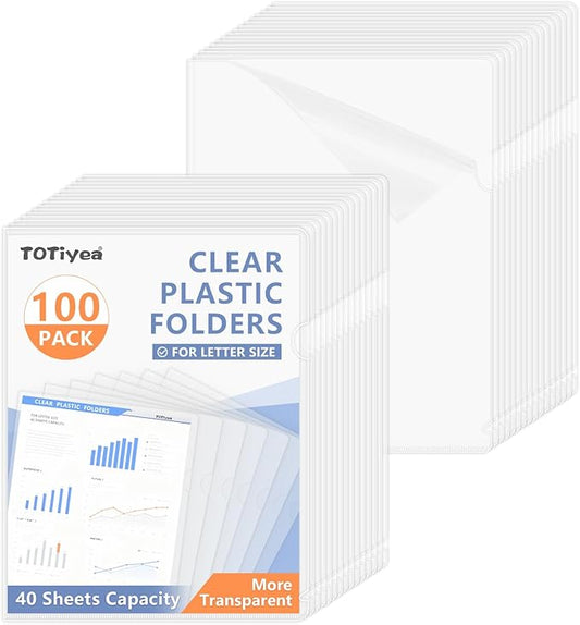 TOTiyea 100 Pack Clear Folder, 7Mil Plastic L-Type Folders, Clear Copy Safe Project Pocket, Fits Letter Size 8.5x11 Paper, Transparent