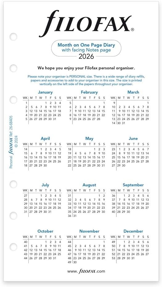 Filofax Calendar Diary Refill, Personal/Compact Size, Month on One Page with Notes, Horizontal, White Paper, English, 2026 (C68405-26)