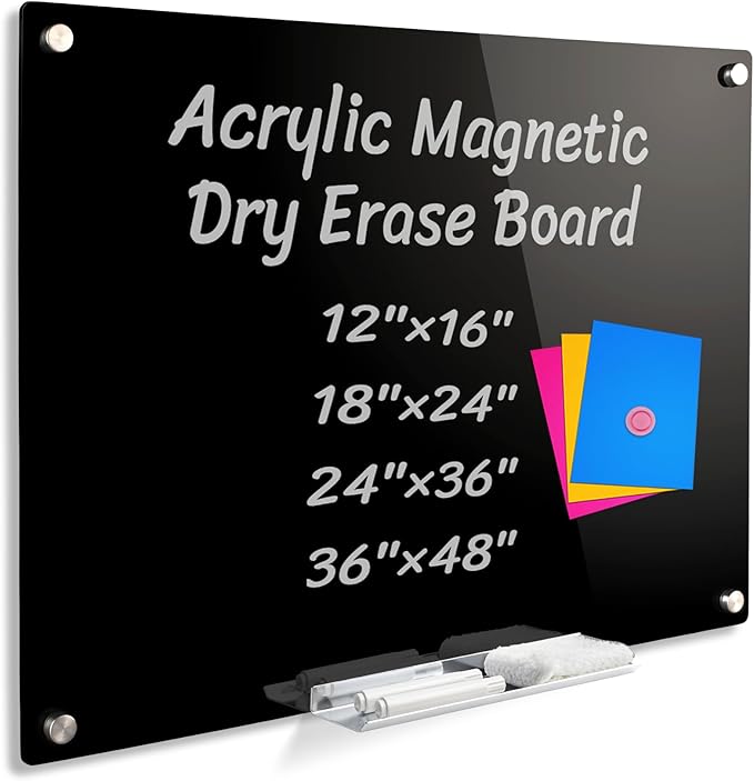 Acrylic Black Magnetic Dry Erase Board for Wall, White Board12”x16”,Frameless Magnetic Dry Erase Board for Office,Classroom and Home/for Kids,Students,Adults.3040B