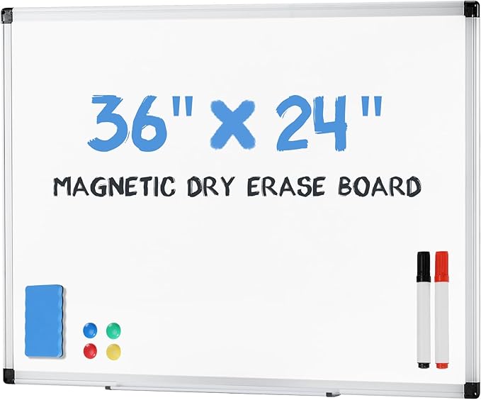 DUMOS Magnetic White Board Kit for Wall 36" x 24", Dry Erase Board with 1 Dry Eraser & 2 Multicolor Markers & 4 Magnetic Pins, Reinforced Aluminum Frame for Home, School, Office