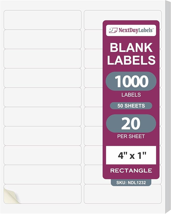 NextDayLabels 4x1 Inch Rectangle Stickers White Blank Labels for Laser Inkjet Printer - 20 Per Sheet Self-Adhesive Return Address Shipping Made in USA - 1000 Labels