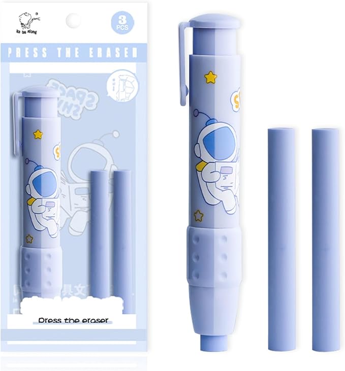 Cute Pencil Erasers, Kids Retractable Erasers with Refills, Standard Pen-Style Erasers, Fun Click Erasers, Kawaii Japanese Stationery Supplies (Blue)