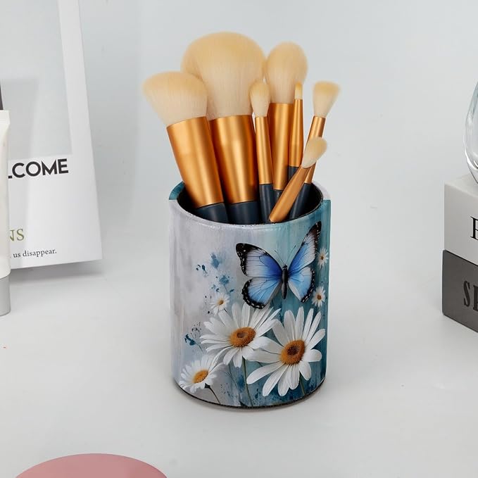 Rural Daisy and Butterfly Leather Pen Holder for Desk, Multifunctional Desktop Organizer Pencil Cup, Desktop Caddy Stationery Organizer for School Home Office Desk Accessories
