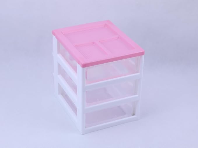 Pink 3-Tier Desk Organizer – Compact Plastic Storage Box for Makeup, Jewelry, School Supplies & Art Crafts – Desktop Tidy for Bedroom Vanity or Dorm Room (Classical)