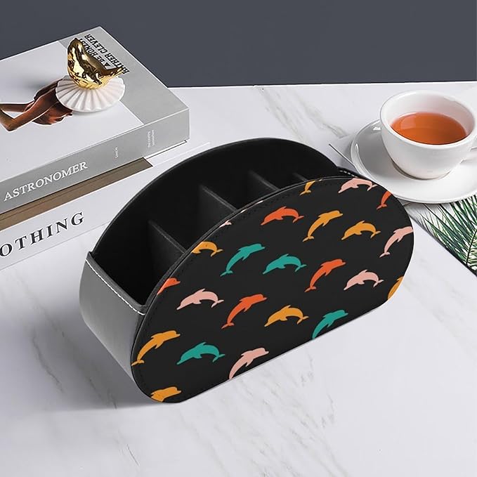 Colorful Dolphin Remote Control Holder with 5 Compartment PU Leather Multi Functional Desk Storage for TV Remotes Office Supplies