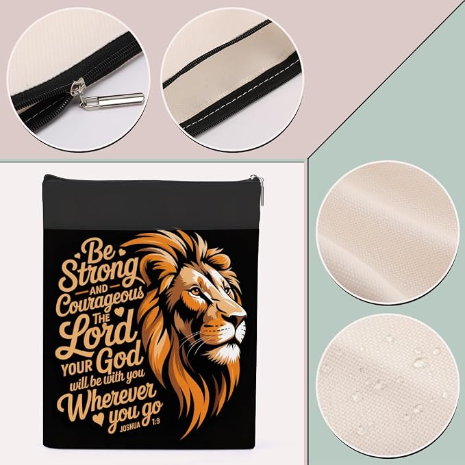 Christian Lion Book Sleeve, Book Lovers Gifts Sleeve with Zipper & Front Pocket, 11.4x8.8 Inch Canvas Books Cover Protector Bookish Bible Gifts for Readers Librarian Women Teacher