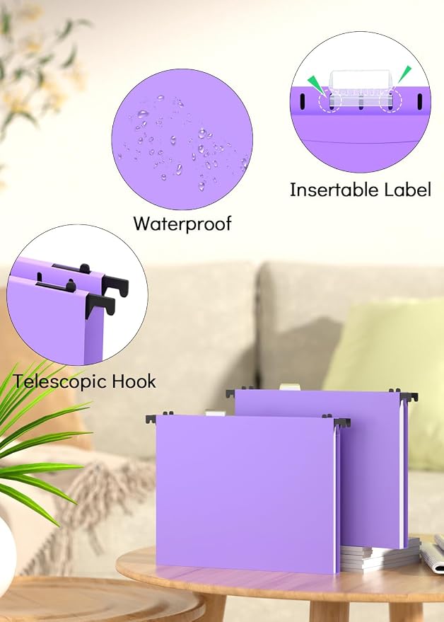 Extra Capacity Plastic Hanging File Folder, 12 Pack Reinforced Hang Folders Letter Size, Heavy Duty 1 Inch Expansion Filing Cabinet Folders, for Bulk Files, Medical Charts, Purple