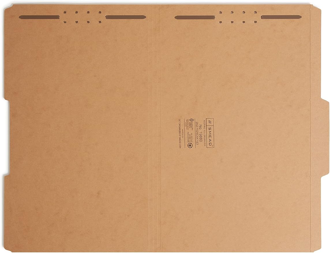 Smead Fastener File Folder, 2 Fasteners, Reinforced 2/5-Cut Tab Right of Center Position, Guide Height, Legal Size, Kraft, 50 per Box (19880)