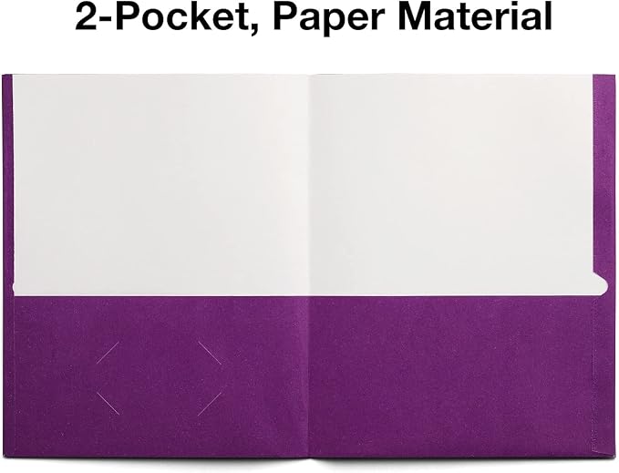 Staples School Grade 2‑Pocket Folders, Purple, Letter‑Size Durable Paper File Folders for Classroom & Office Organization, 25/Box