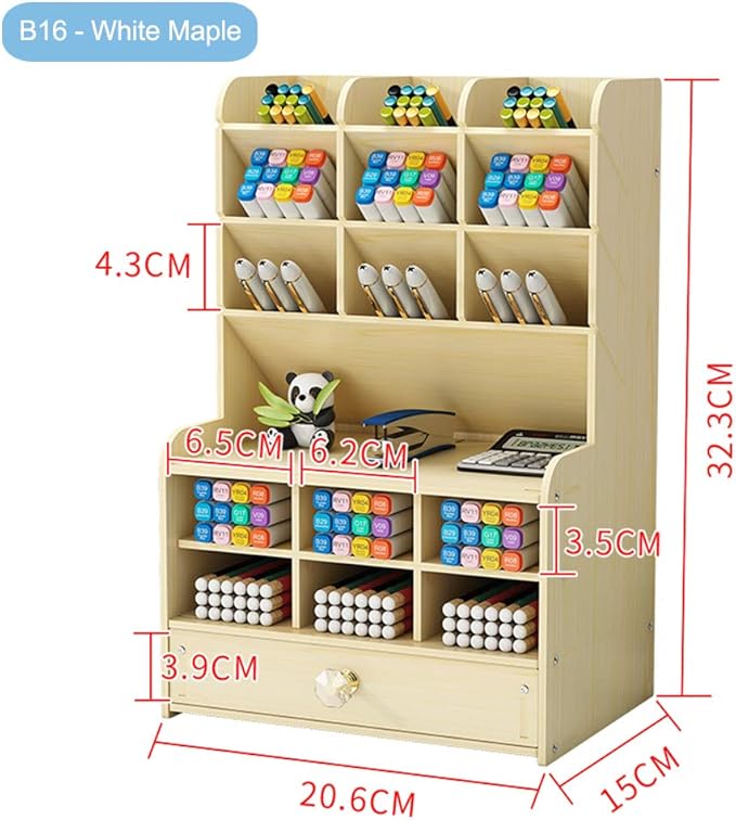 Hggzeg Wooden Desk Organizer with Drawer, Large Capacity DIY Pen Holder Storage Box Desktop Stationary Storage Rack, Pen Organizer Caddies for Office, Home and School Supplies (B16-White Maple)