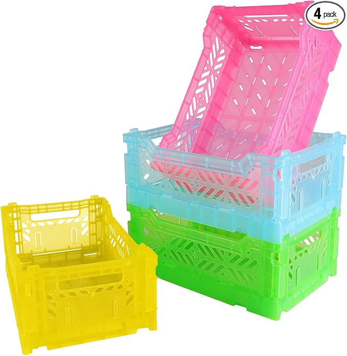 4Pack Pastel Plastic Storage Crates and Baskets, Collapsible Crates for Organizing, 4L Space Saving Bins for Classroom, Kitchen, Office, Bedroom,Desk Organizer. (Mix Colors)