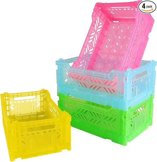 4Pack Pastel Plastic Storage Crates and Baskets, Collapsible Crates for Organizing, 4L Space Saving Bins for Classroom, Kitchen, Office, Bedroom,Desk Organizer. (Mix Colors)