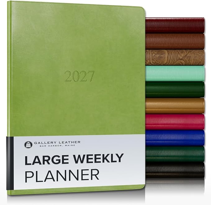 Gallery Leather Large Weekly Monthly Planner 2027, Elegantly Bound Calendar Planner and Notebook with Stylish Gold-Gilded Page Edges, 12 Months - Acadia Lime - 9.75x7.5"