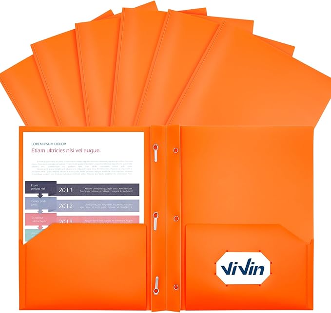 ViVin 12 Pack Plastic Folders with Pockets and Prongs, Heavy Duty 2 Pocket Folders with 3-Prong Fasteners, Poly File Holds 8-1/2" x 11" Paper for School Office Home (Orange)