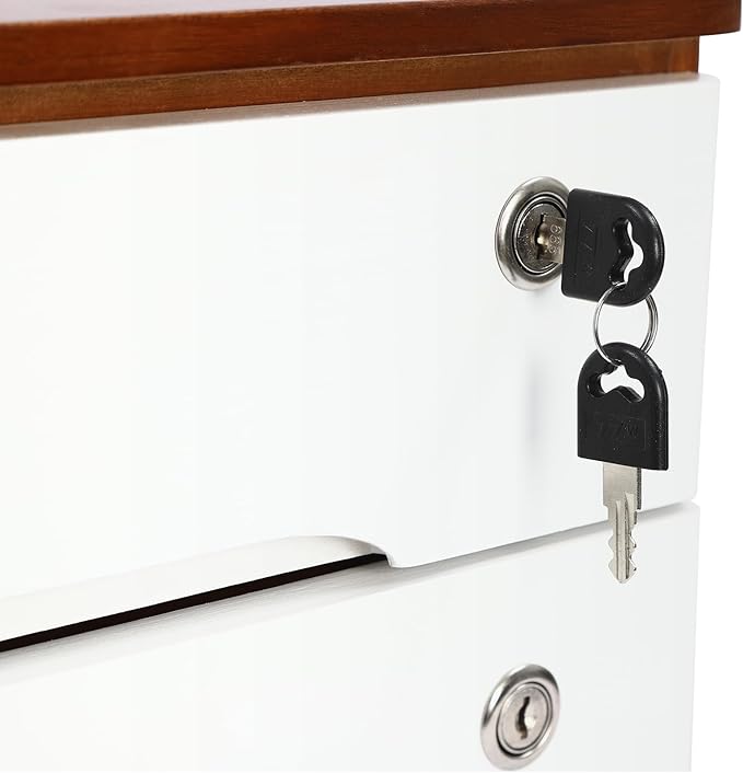 Lockable Desk Organizer Wooden Desktop Drawers Office Flat Files Storage Box Locking Countertop Storage Cabinet (Walnut + White, 2-Tier)