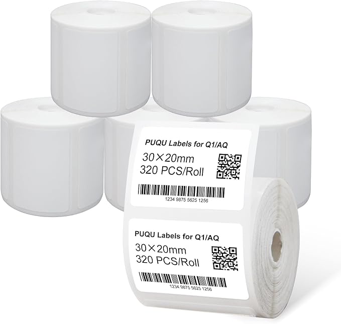 PUQU 30x20mm Direct Thermal Sticker Labels, Self-Adhesive All-Purpose Label Maker Tape, Compatible with AQ/Q1 Series Label Printer, Refills Standard Laminated Office Labeling, 6 Rolls of 1920 Labels