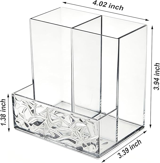 2 Pack Clear PET Pen Holder, 3 Compartment Desk Organizer, Shatter-Resistant, Stronger Than Acrylic, for Office Home School Bathroom Makeup