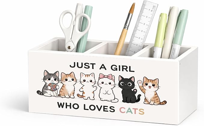 Cat Lover Desk Organizer Wooden Pen Pencil Holder for Desk, 3 Compartments Office Desk Accessories, Just A Girl Who Loves Cats Desk Decor, Cute Cat Gifts for Women Home Office Desk Storage