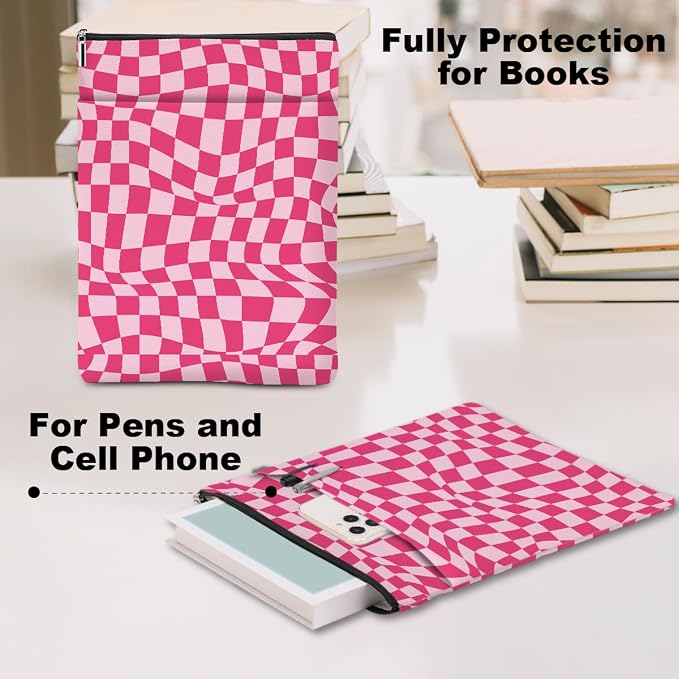 Wave Pink Plaid Book Lovers Gifts Book Sleeve Vintage Checkered Waterproof Book Cover Book Pouch Book Protector with Front Pocket Book Club Christmas Birthday Gifts for Women Girl Book Accessories