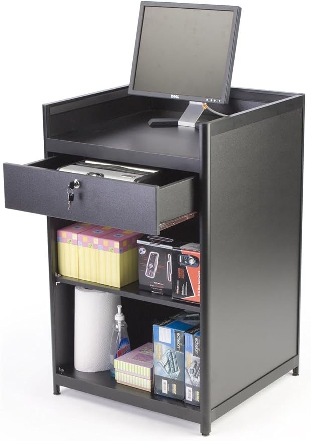 Black Laminate Cash Register Stand with Locking Drawer and Adjustable Shelf, 24 x 38 x 23-3/4-Inch,