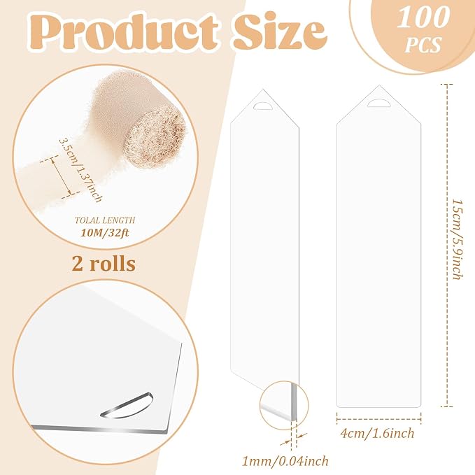 Yeaqee 100 Pcs Acrylic Bookmark Blanks Clear Bookmarks Acrylic Tags with 2 Rolls Ribbon DIY Craft Transparent Bookmark for Reading Lovers for School Presents(5.9 x 1.6 Inch,Champagne)
