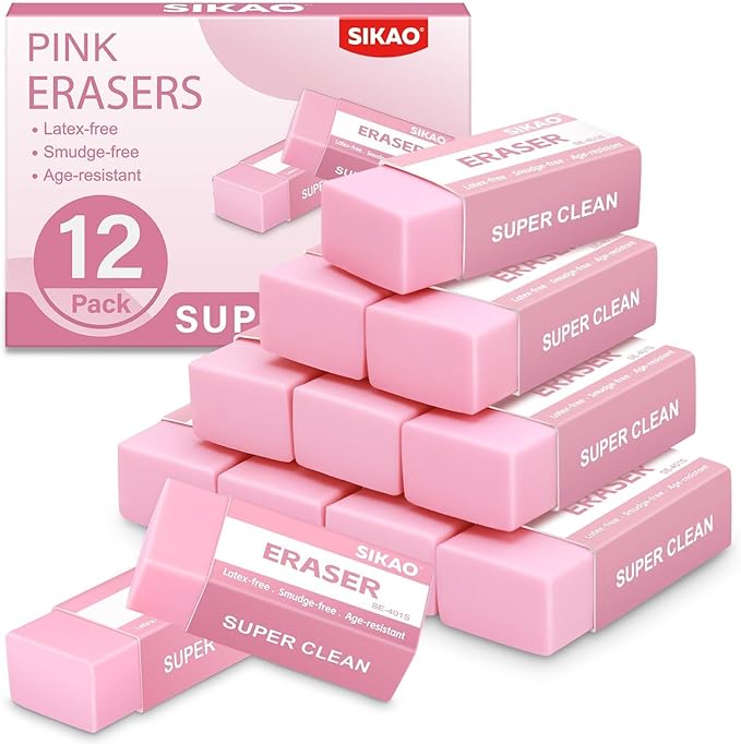 Pink Erasers, 12 Pack Block Pencil Erasers – Smudge-Free Latex-Free Cute Erasers for Kids & Girls, School Supplies, Clean Erase for Homework, Journaling & Drawing