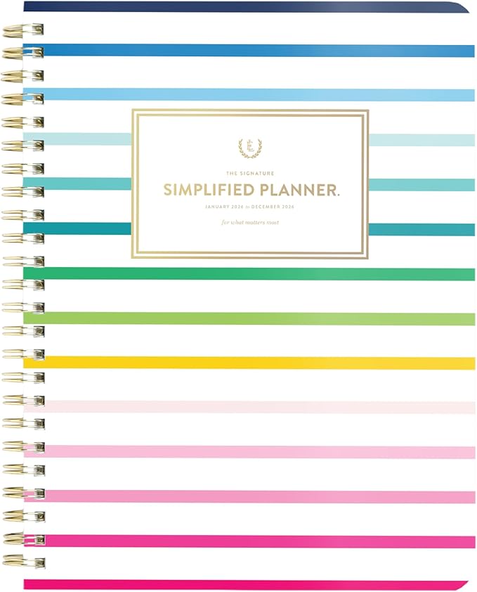 Simplified 12-Month Spiral Softcover Weekly Planner — Happy Stripe — 2026 Calendar Year Organizer with Stickers, Pockets, and Flexible Cover
