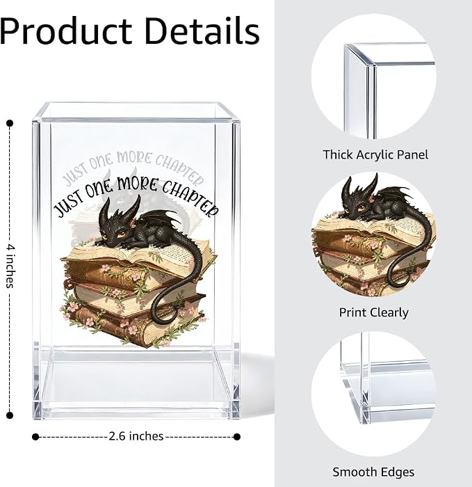 Just One More Chapter Acrylic Pen Holder Cosmetic Organizer, Retro Dragon Book Pen Pencil Holders for Desk, Bookmark Holder for Bookshelf, Bookish Gifts for Librarian Bookworm Reader Teacher