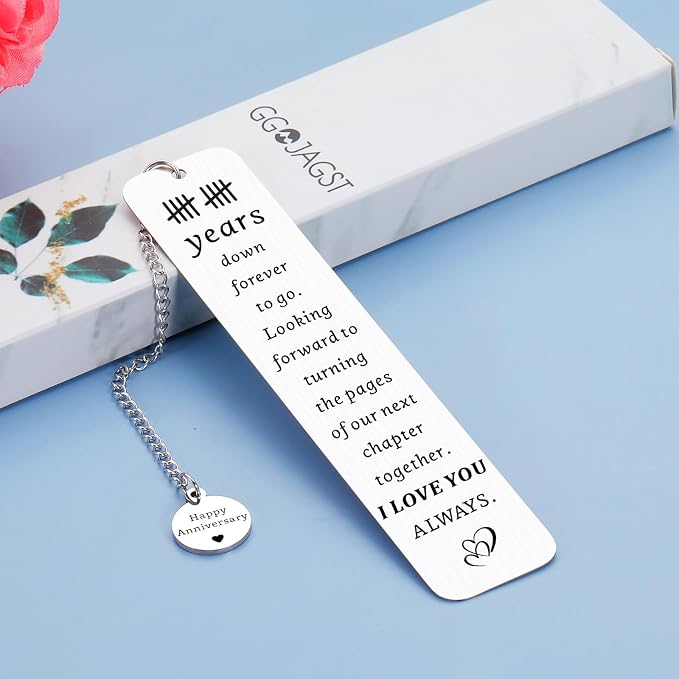 10th Anniversary Tin Gifts for Wife Husband Couples 10 Year Anniversary for Her Him - Cute Bookmarks for Ten Years Wedding Aniversario Gift for Women Men 10 Years Down Forever to Go