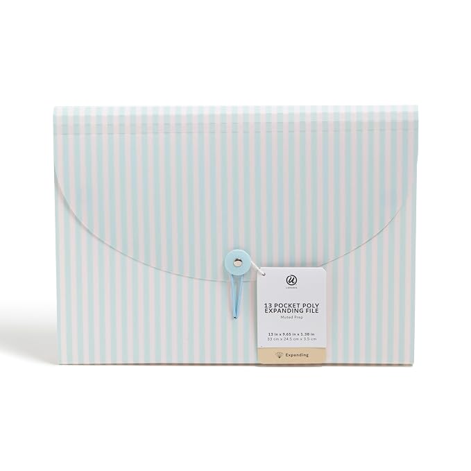 U Brands 13 Pocket Poly Expandable File, 13" x 9.65" x 1.5", Muted Prep Blue Stripes, Letter Size