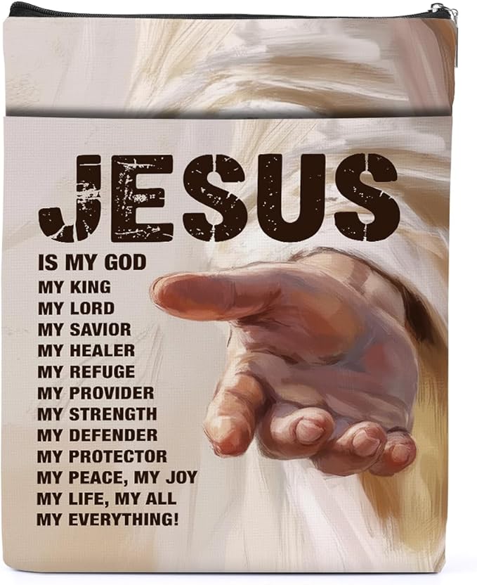 Jesus Bible Book Sleeve, Book Lovers Gifts Sleeve with Zipper & Front Pocket, 11.4x8.8 Inch Canvas Books Cover Protector Bookish Bible Gift for Readers Women Teacher, Inspirational Gifts for Christian