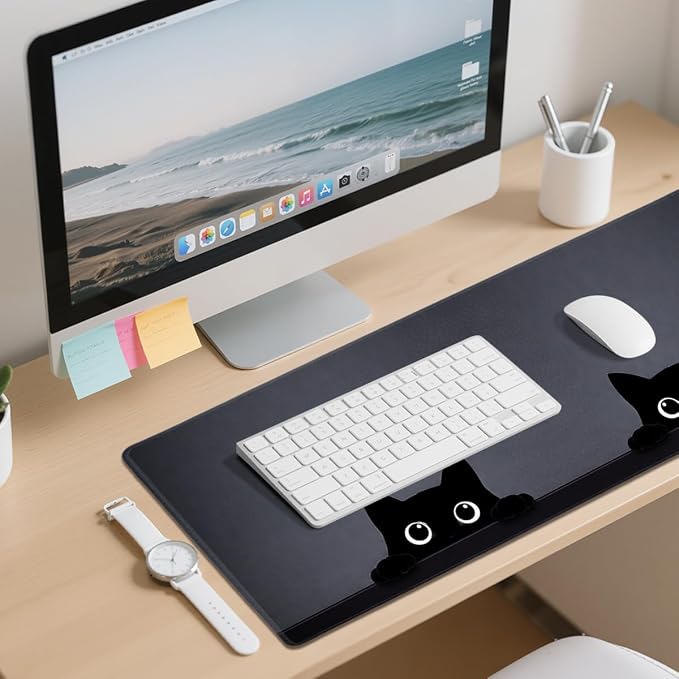 Kawaii Black Cats Desk Mat 35.4 x 15.7 Inches Minimal Black Cat.jpg Gaming Mouse Pad with Non-Slip Rubber Base, Smooth Cloth Surface Desk Keyboard Mat for Computer, PC, Laptop, Desktop