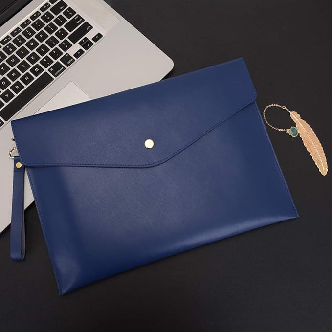 Wonderpool A4 Real Leather Multifunction Portfolio Envelope File Holder for Paper Document Stationery Organizer and Tablet Case PC Sleeve (Blue)